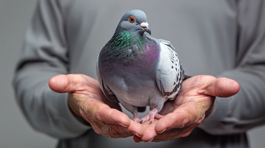 Pigeon perched on a person’s open hands