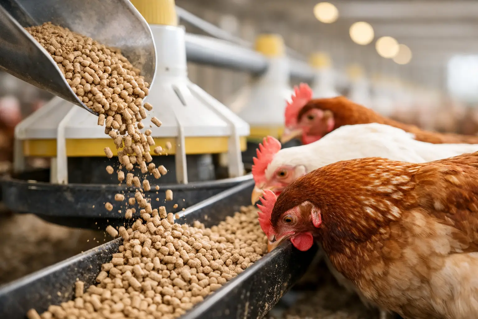 Hens eating poultry pellets from a feeder