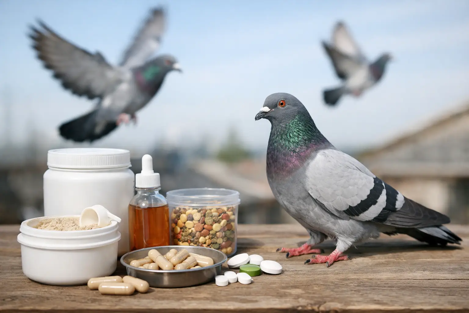 Racing pigeon with feed and pigeon supplements