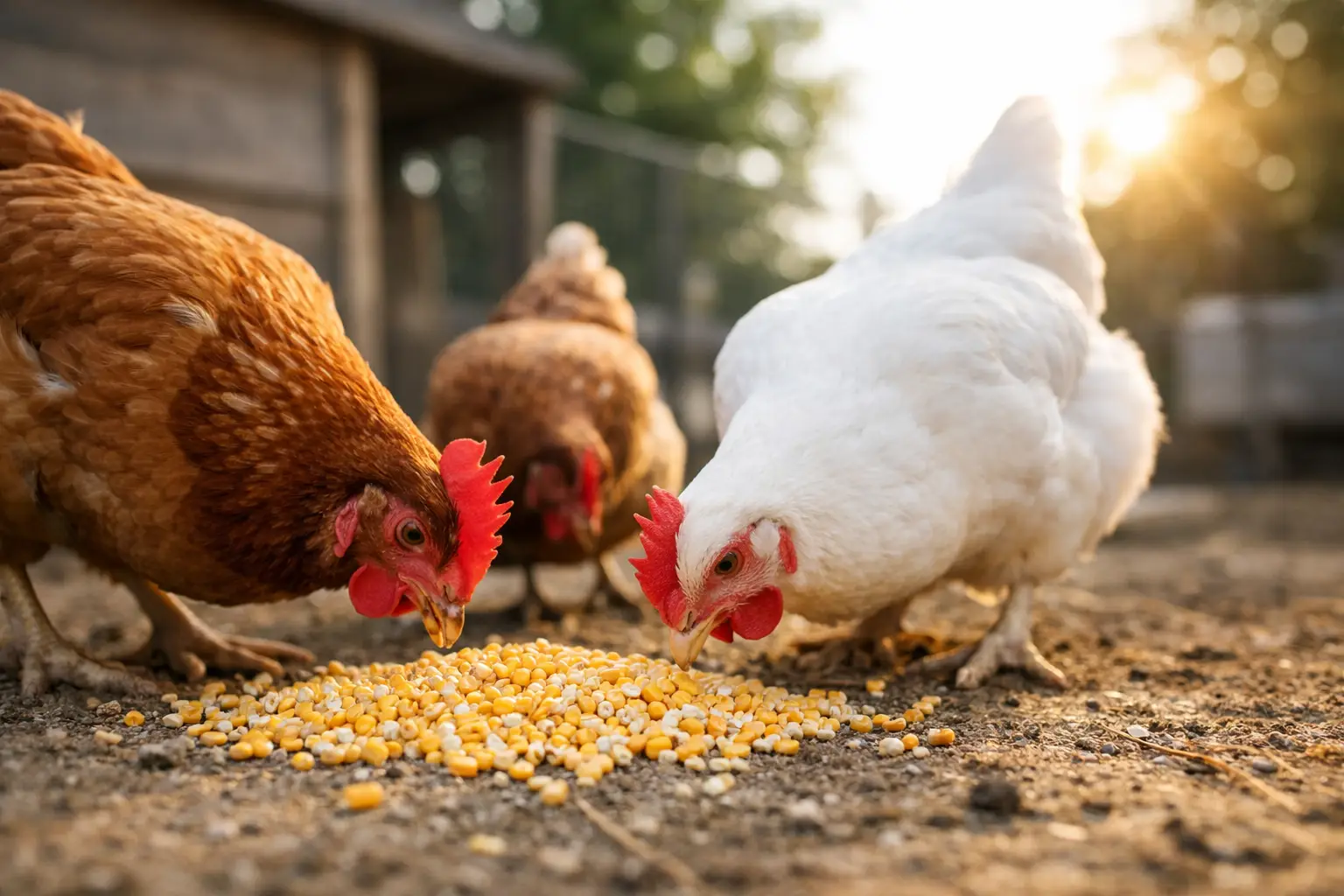 Chickens eating corn in the afternoon